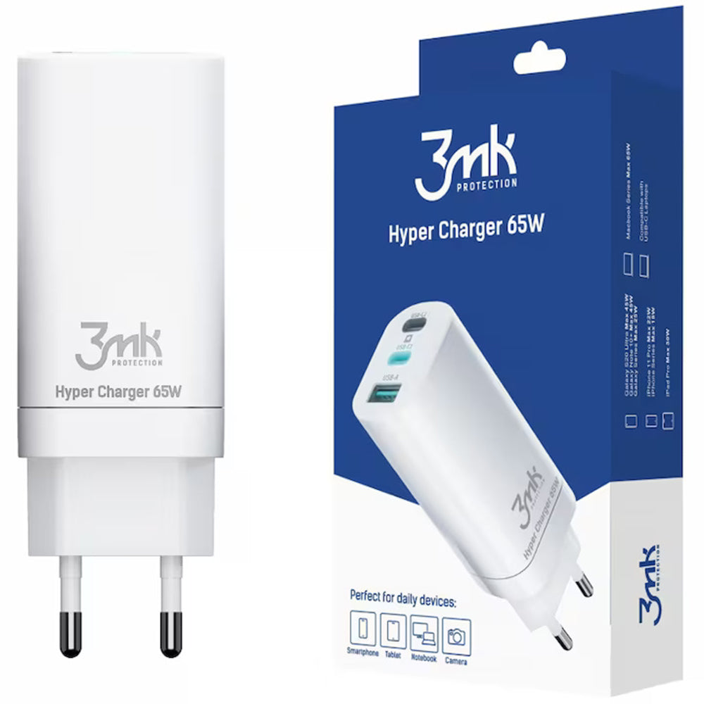 3MK HyperCharger Wall Charger, 65W, 5A, 1 x USB-A - 2 x USB-C, White