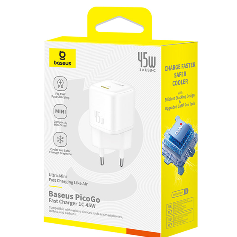 Φορτιστής Δικτύου Baseus PicoGo, 45W, 3A, 1 x USB-C, Λευκό P10176800213-00