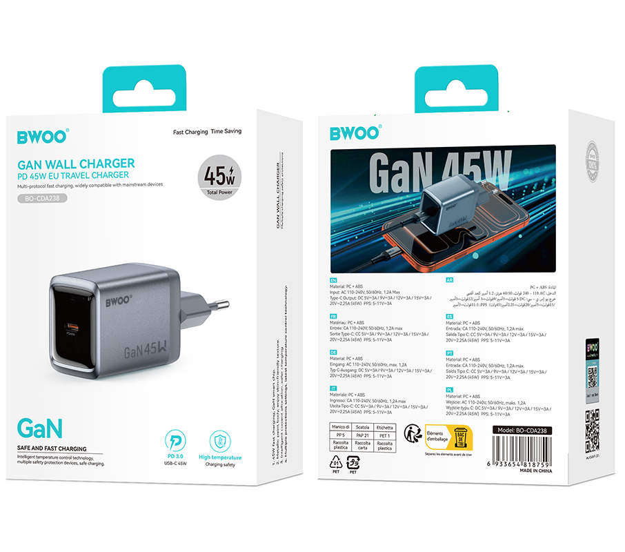 Φορτιστής Δικτύου BWOO BO-CDA238, 45W, 3A, 1 x USB-C, Γκρι