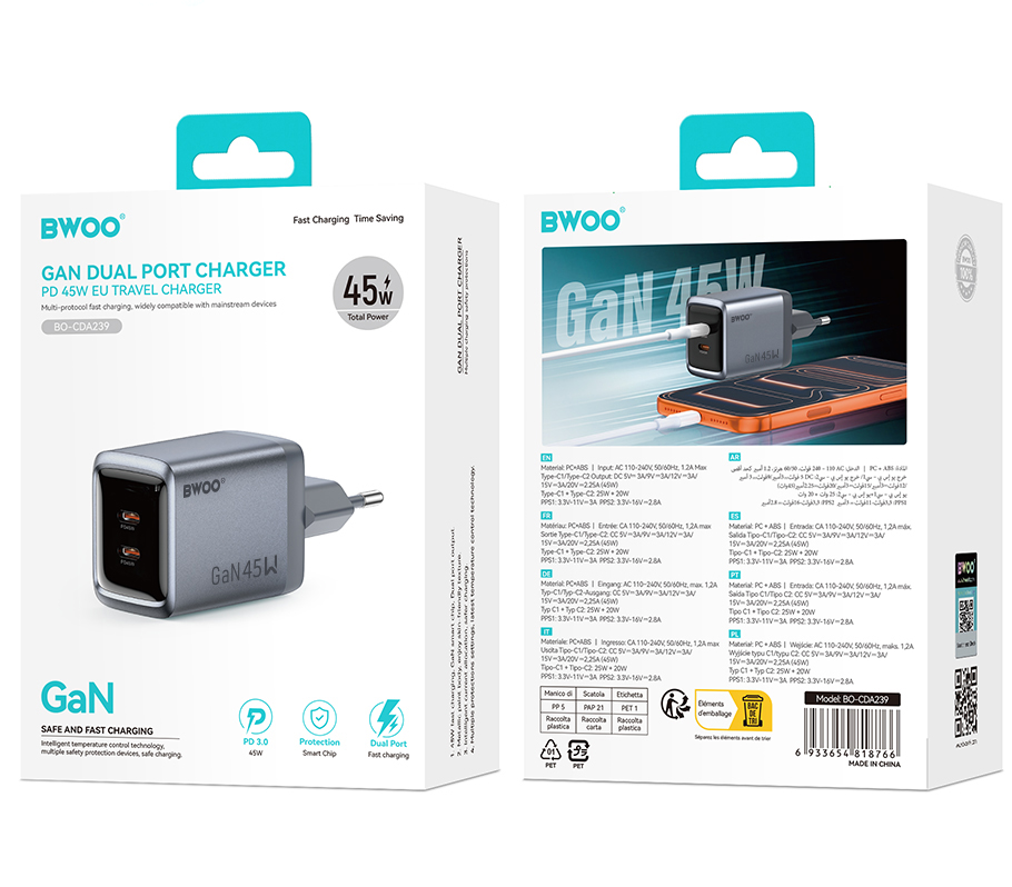 Φορτιστής Δικτύου BWOO BO-CDA239, 45W, 3A, 2 x USB-C, Γκρι