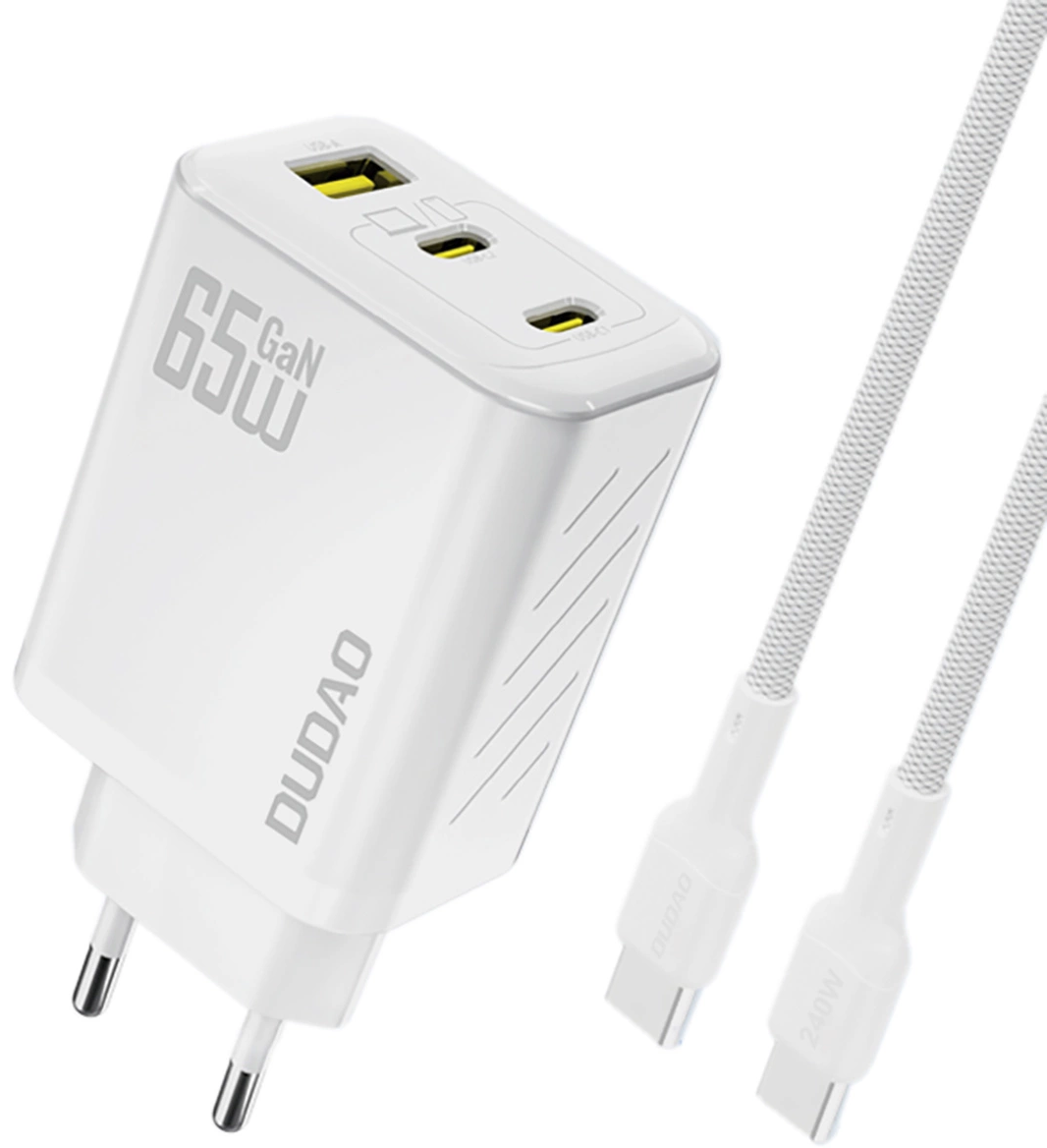 Φορτιστής Δικτύου με Καλώδιο USB-C Dudao A29C, 65W, 3.25A, 1 x USB-A - 2 x USB-C, Λευκό