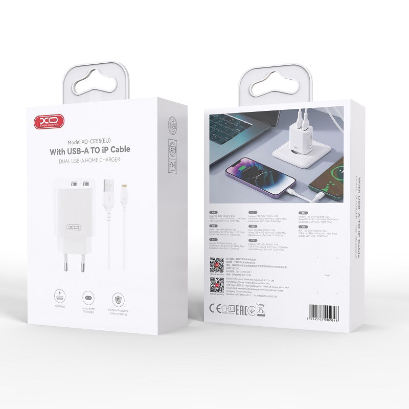 Φορτιστής πρίζας με καλώδιο Lightning XO Design CE55, 12 W, 2,4 A, 2 x USB-A, Λευκός