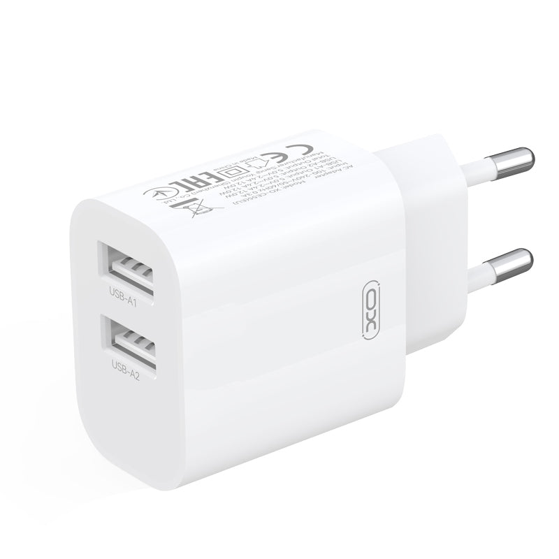 Φορτιστής πρίζας με καλώδιο Lightning XO Design CE55, 12 W, 2,4 A, 2 x USB-A, Λευκός