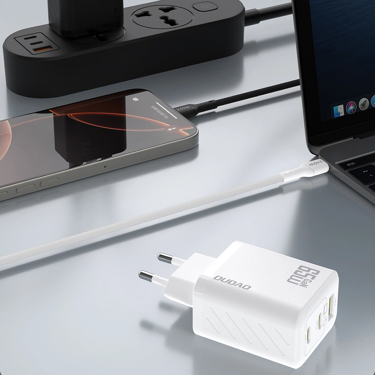 Φορτιστής Δικτύου με Καλώδιο USB-C Dudao A29C, 65W, 3.25A, 1 x USB-A - 2 x USB-C, Λευκό