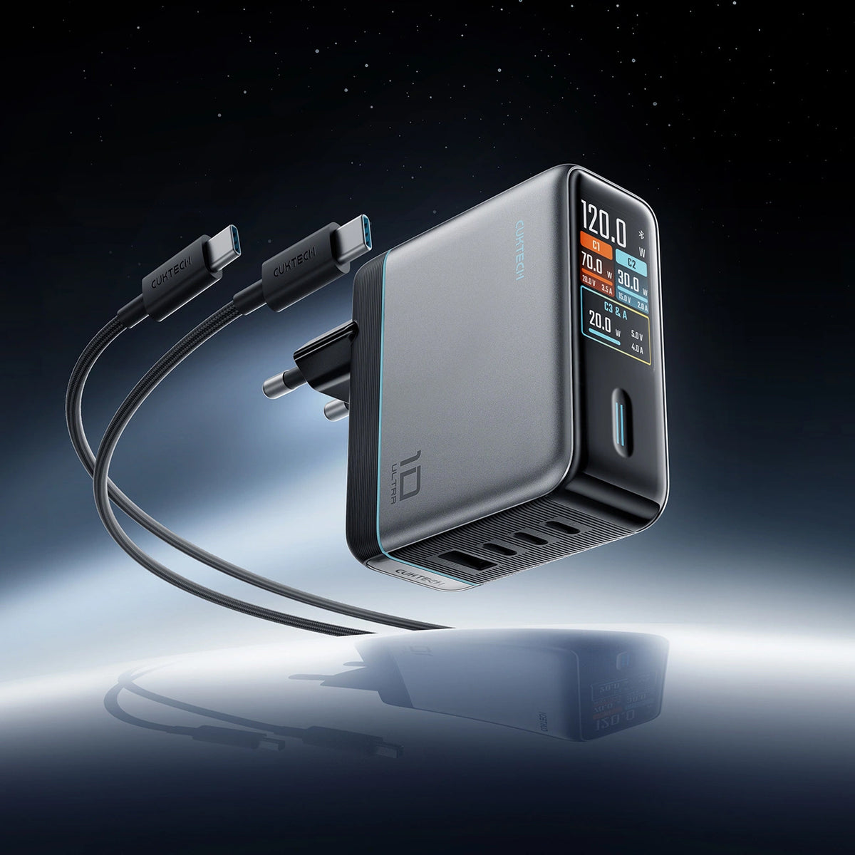 Φορτιστής Δικτύου με Καλώδιο USB-C Cuktech AD1204U Display, 120W, 6A, 1 x USB-A - 2 x USB-C, Ασημί CAD1204UEUGR