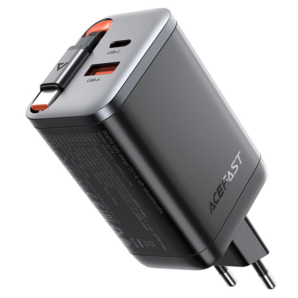 Acefast A111 USB-C Network Charger with Cable, 67W, 3A, 1 x USB-A - 1 x USB-C, Black