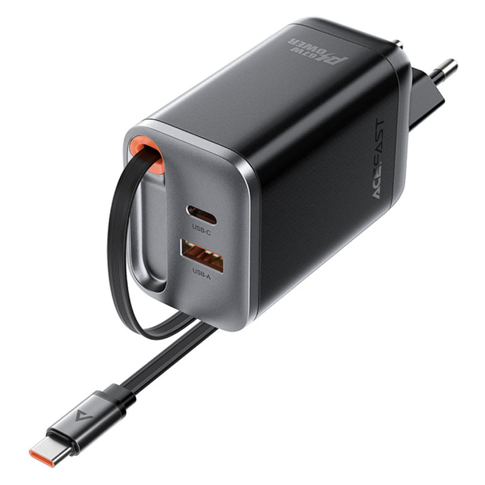 Acefast A111 USB-C Network Charger with Cable, 67W, 3A, 1 x USB-A - 1 x USB-C, Black
