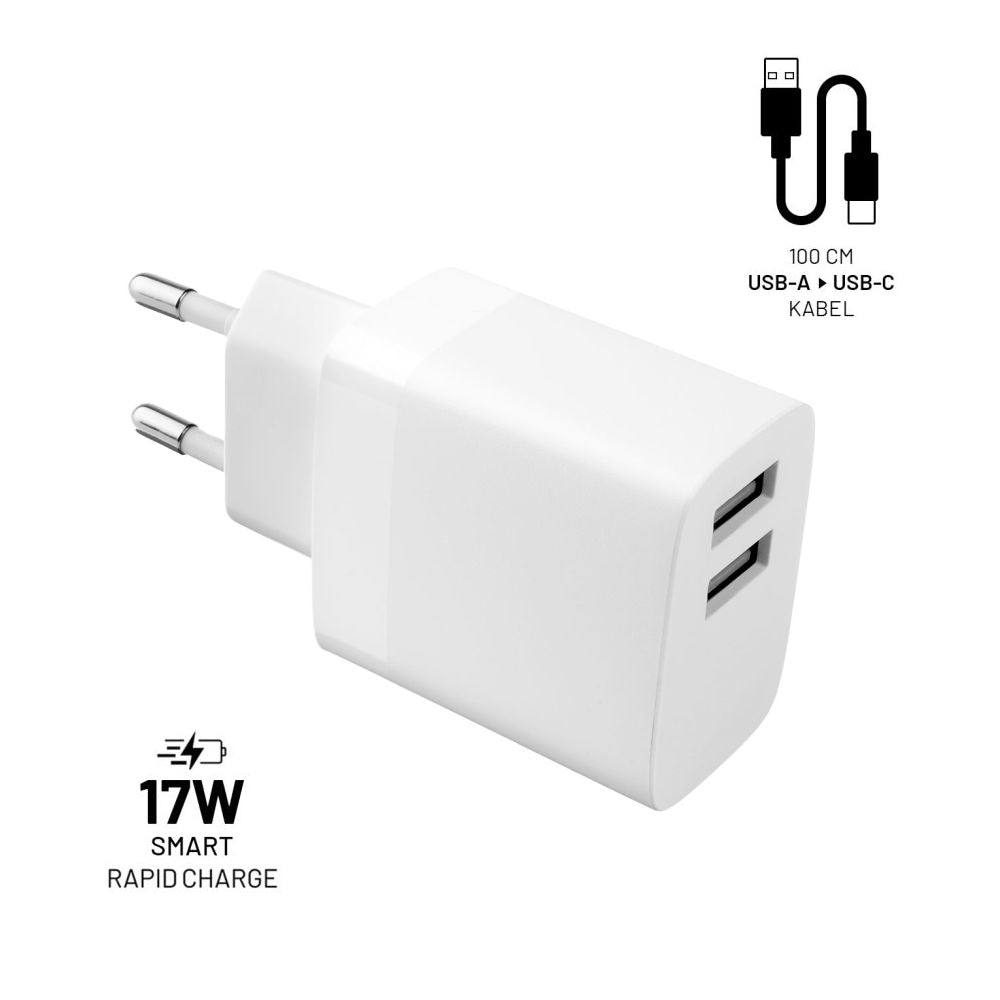 Φορτιστής Δικτύου με Καλώδιο USB-C Fixed, 17W, 3A, 2 x USB-A, Λευκό