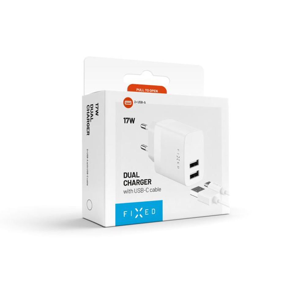 Φορτιστής Δικτύου με Καλώδιο USB-C Fixed, 17W, 3A, 2 x USB-A, Λευκό