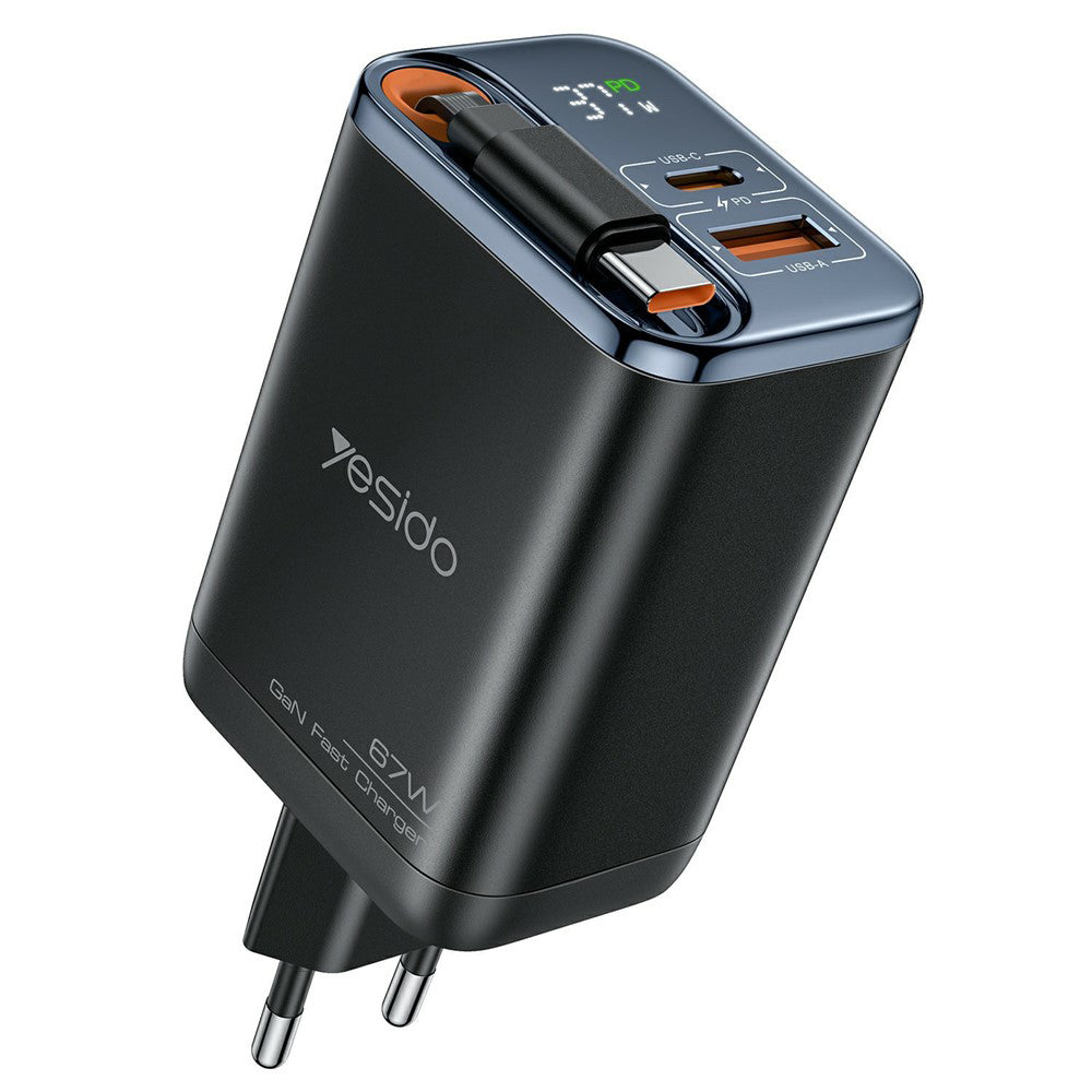 Φορτιστής Δικτύου με Καλώδιο USB-C Yesido YC100 Display, 67W, 3.35A, 1 x USB-A - 1 x USB-C, Μαύρο