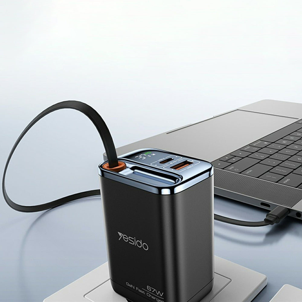 Φορτιστής Δικτύου με Καλώδιο USB-C Yesido YC100 Display, 67W, 3.35A, 1 x USB-A - 1 x USB-C, Μαύρο