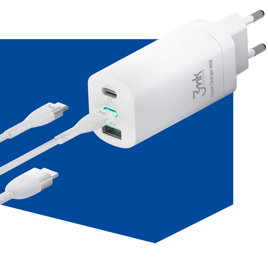 Φορτιστής Δικτύου 3MK HyperCharger, 65W, 5A, 1 x USB-A - 2 x USB-C, Λευκός