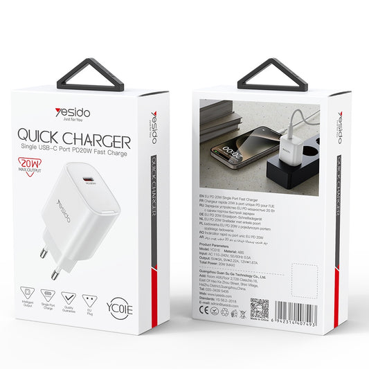 Φορτιστής Δικτύου Yesido YC01E, 20W, 3A, 1 x USB-C, Λευκό