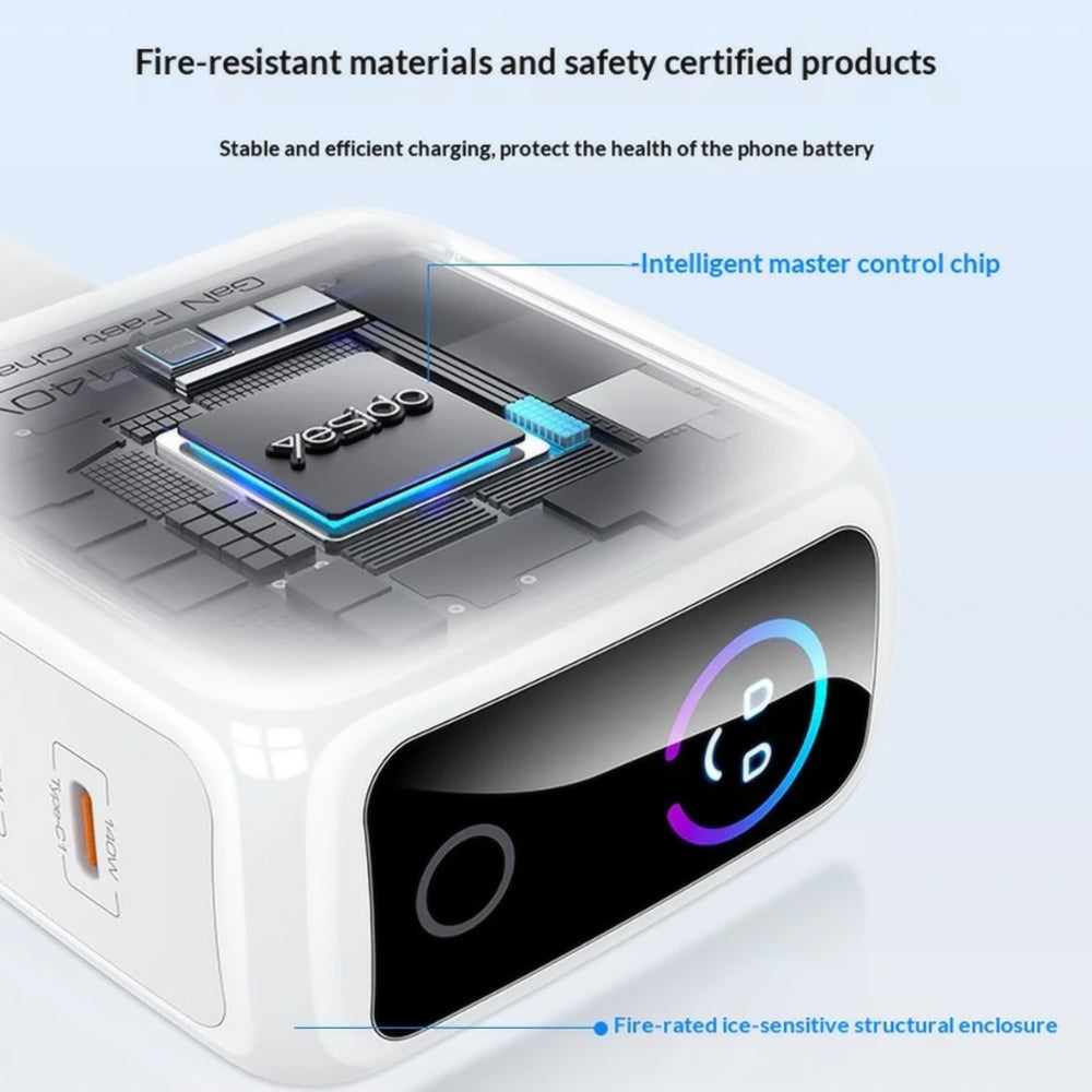 Φορτιστής Δικτύου Yesido YC114 Οθόνη, 140W, 5A, 1 x USB-A - 2 x USB-C, Λευκός