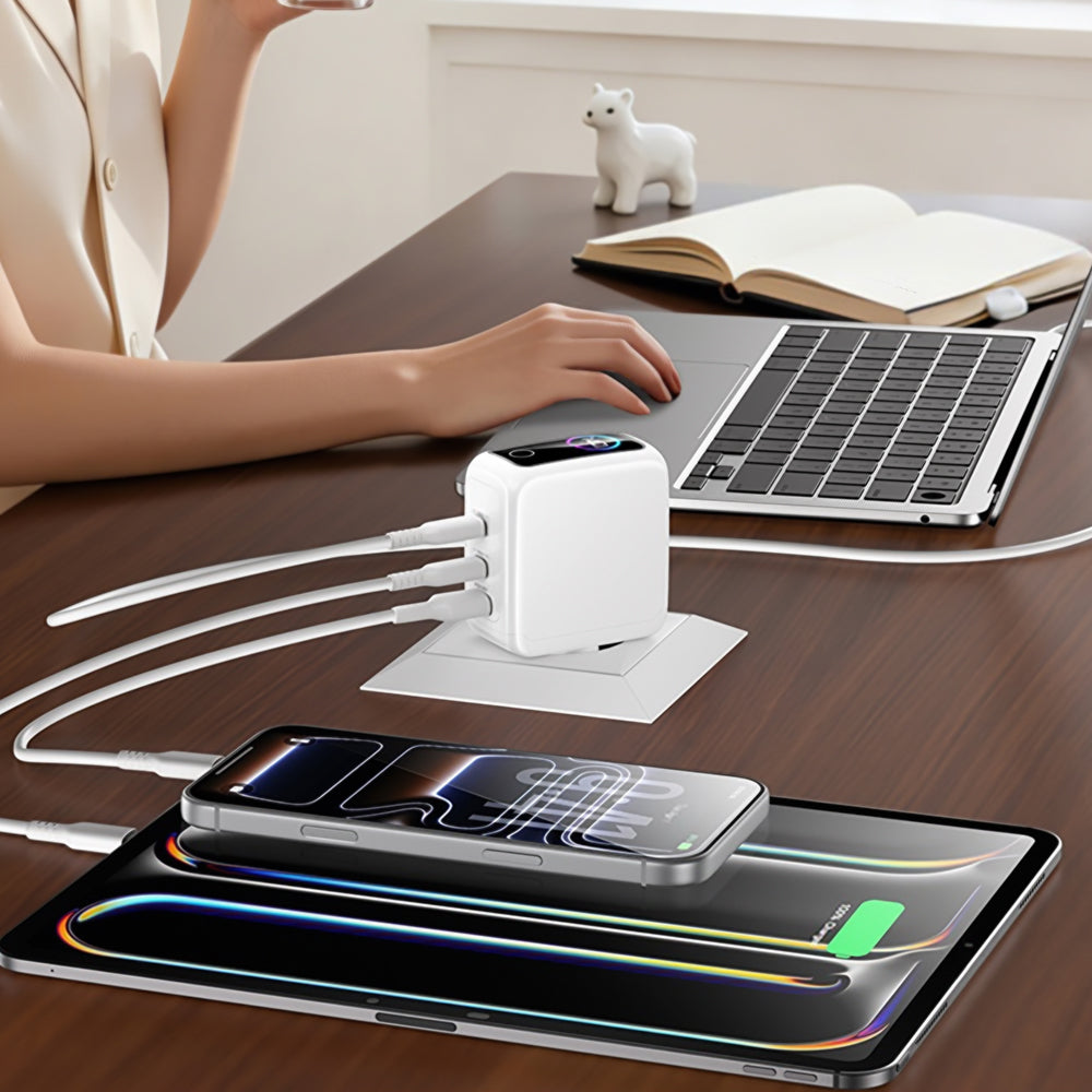 Φορτιστής Δικτύου Yesido YC114 Οθόνη, 140W, 5A, 1 x USB-A - 2 x USB-C, Λευκός