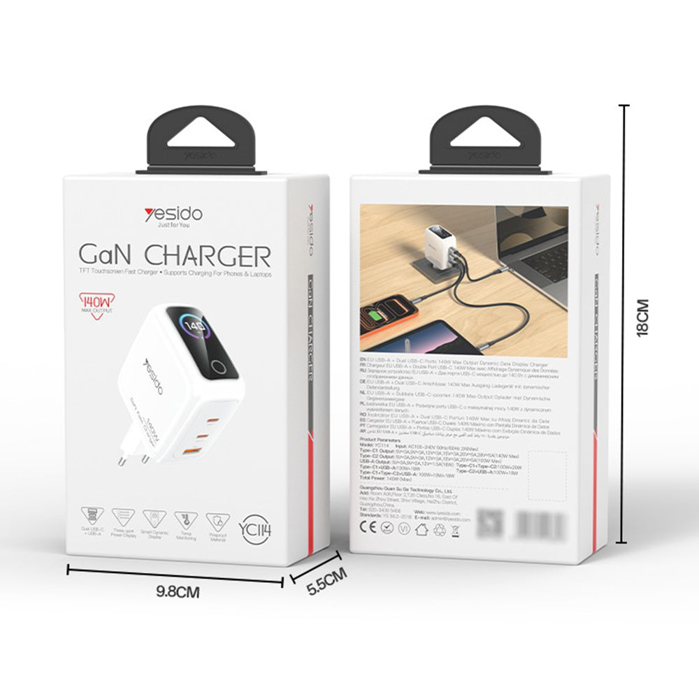 Φορτιστής Δικτύου Yesido YC114 Οθόνη, 140W, 5A, 1 x USB-A - 2 x USB-C, Λευκός