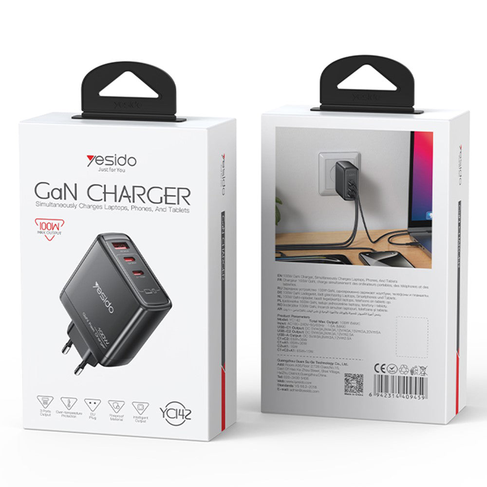 Φορτιστής Δικτύου Yesido YC142, 100W, 5A, 1 x USB-A - 2 x USB-C, Μαύρο