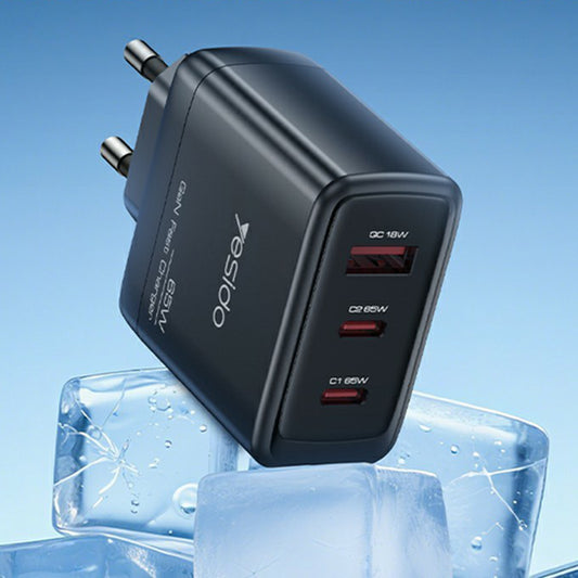 Φορτιστής Δικτύου Yesido YC144, 65W, 3.25A, 1 x USB-A - 2 x USB-C, Μαύρο