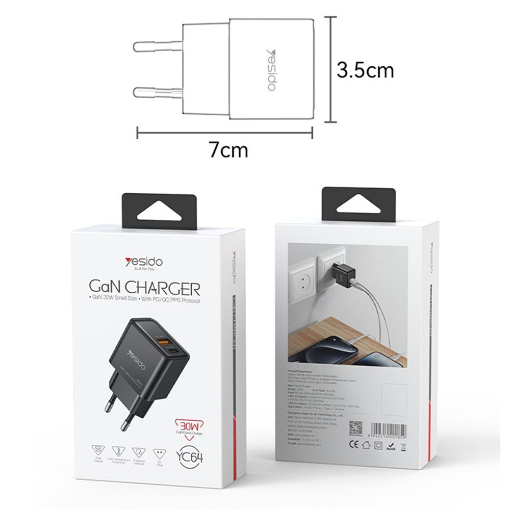 Φορτιστής Δικτύου Yesido YC64, 30W, 3A, 1 x USB-A - 1 x USB-C, Μαύρο