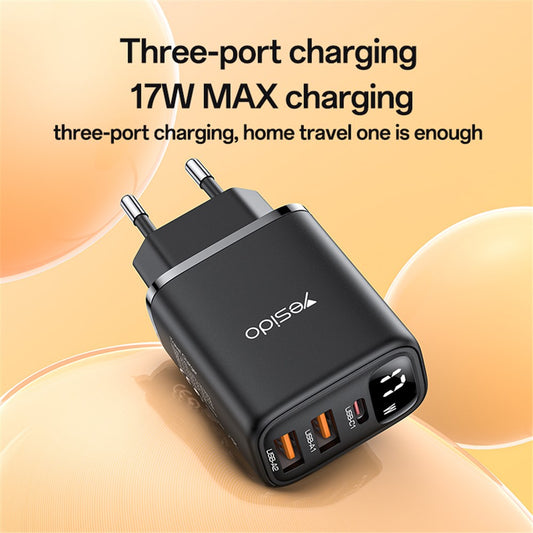 Φορτιστής Δικτύου Yesido YC67 Display, 17W, 2.4A, 1 x USB-C - 2 x USB-A, Μαύρο