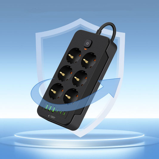 Προέκταση Tech-Protect PC6X6, 6 x Schuko - 3 x USB-A - 3 x USB-C, Μαύρο