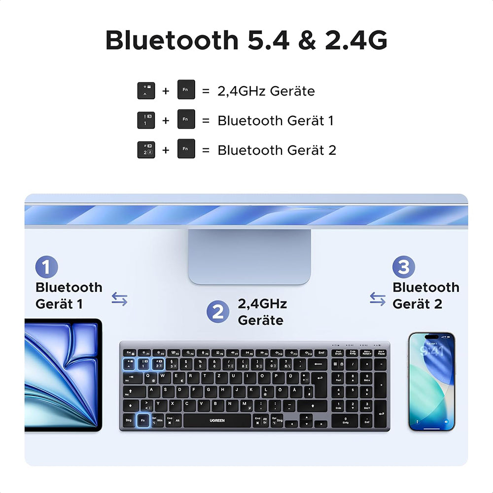 Ασύρματο Πληκτρολόγιο UGREEN K552 (75163), BT / Wi-Fi, Μαύρο