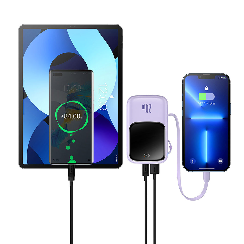 Baseus Qpow Pro External Battery, 20000mAh, 20W, QC + PD, 1 x Lightning - 1 x USB-A - 1 x USB-C, Purple PPQD030005