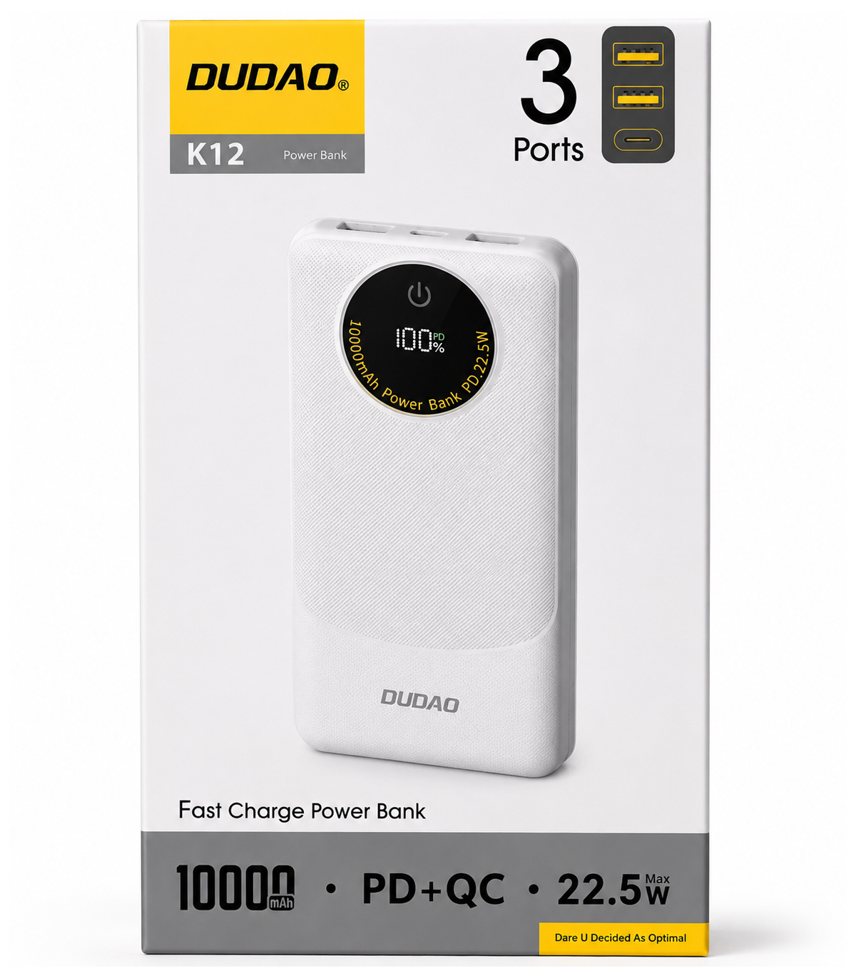 Εξωτερική Μπαταρία Dudao K12, 10000mAh, 22.5W, QC + PD, 1 x USB-C - 2 x USB-A, Λευκή