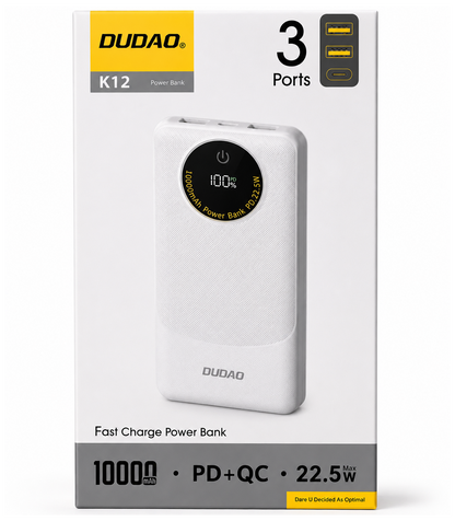 Εξωτερική Μπαταρία Dudao K12, 10000mAh, 22.5W, QC + PD, 1 x USB-C - 2 x USB-A, Λευκή
