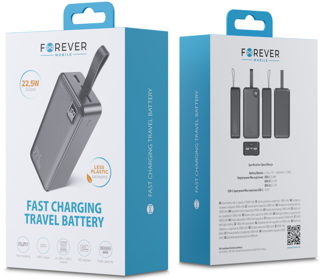 Εξωτερική Μπαταρία Forever TB-300XL, 30000mAh, 22.5W, QC + PD, 1 x USB-C - 2 x USB-A, Μαύρη