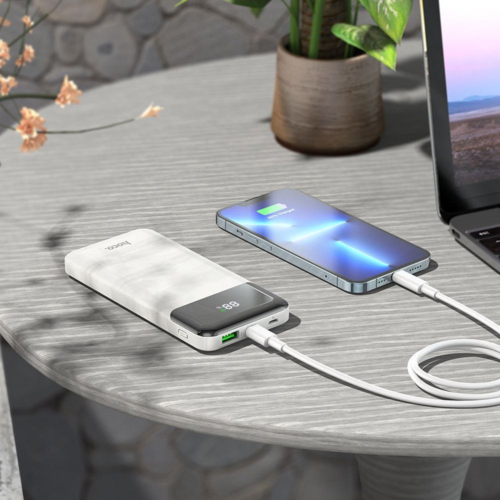 External Battery HOCO J102, 10000mAh, 20W, QC + PD, 1 x USB-A - 1 x USB-C, White