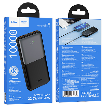 Εξωτερική μπαταρία HOCO J136, 10000 mAh, 22,5 W, QC + PD, 1 x USB-C - 2 x USB-A, Μαύρη