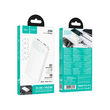 HOCO J154 External Battery, 10000mAh, 22.5W, QC + PD, 1 x USB-C - 2 x USB-A, White