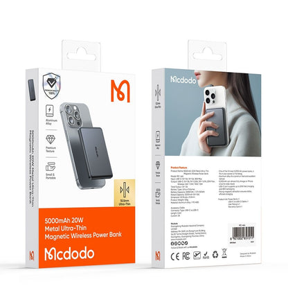 McDodo MC-4641 Meta Wireless External Battery, 5000mAh, 20W, PD + FQI, 1 x QI - 1 x USB-C, Black