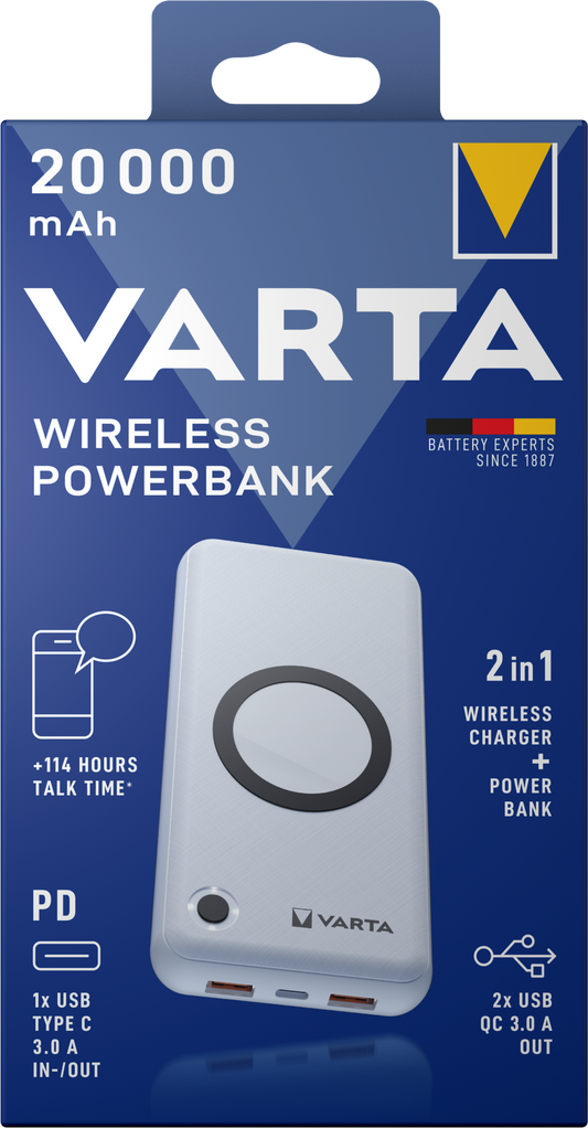 Εξωτερική Μπαταρία Wireless Varta Energy, 20000mAh, 18W, QC + PD + FQI, 1 x QI - 1 x USB-C - 2 x USB-A, Λευκή