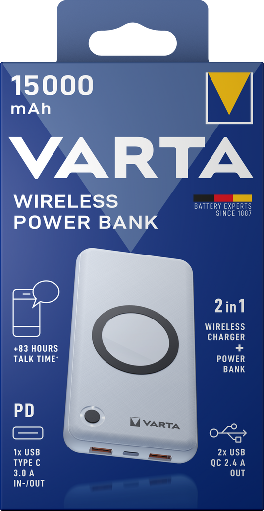 Εξωτερική Μπαταρία Wireless Varta Energy, 15000mAh, 18W, QC + PD + FQI, 1 x QI - 1 x USB-C - 2 x USB-A, Λευκή