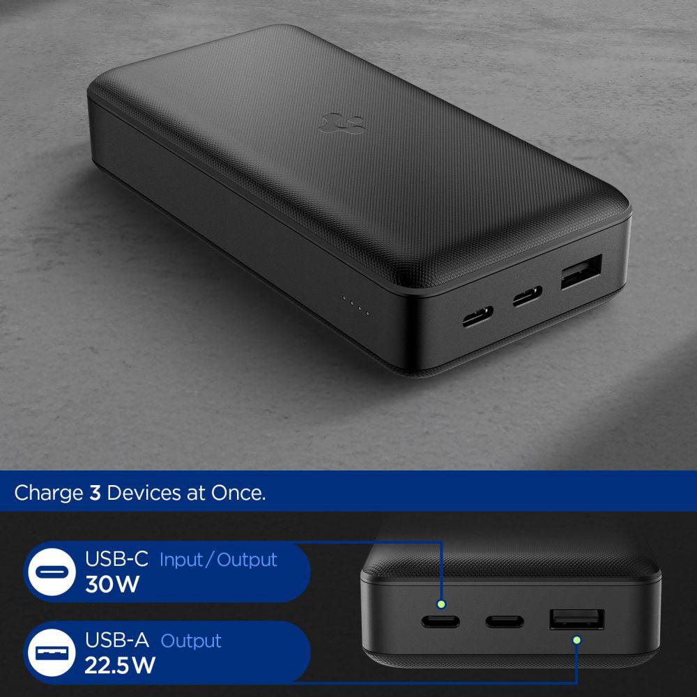 Spigen External Battery, 20000mAh, 30W, QC + PD, 1 x USB-A - 2 x USB-C, Black ABA09433