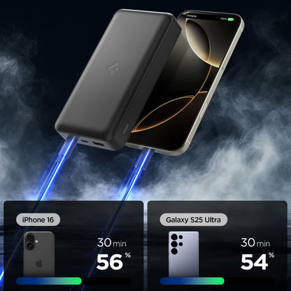 Spigen External Battery, 20000mAh, 30W, QC + PD, 1 x USB-A - 2 x USB-C, Black ABA09433