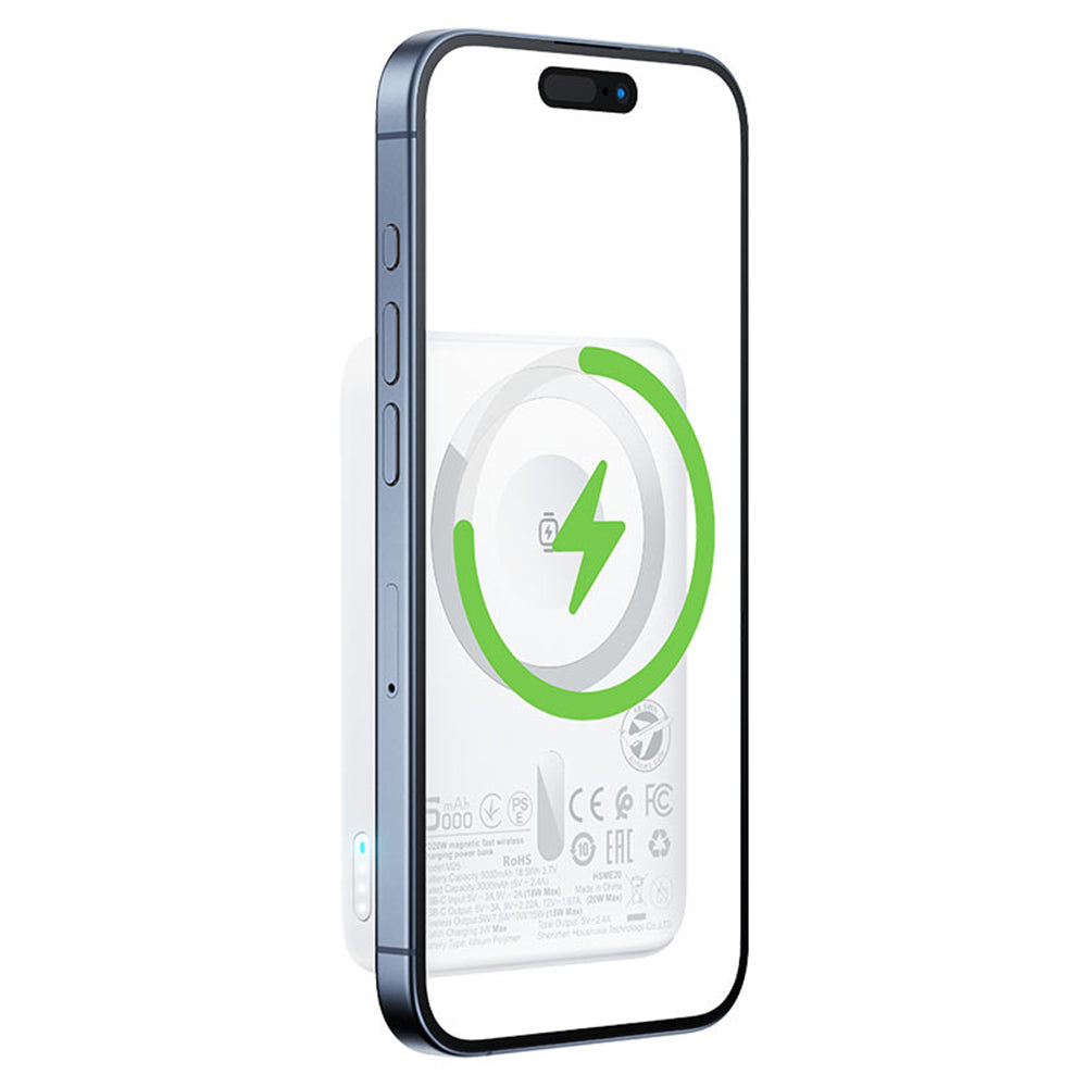 Acefast M25 Wireless External Battery, 5000mAh, 20W, PD + FQI, 1 x QI - 1 x USB-C, White
