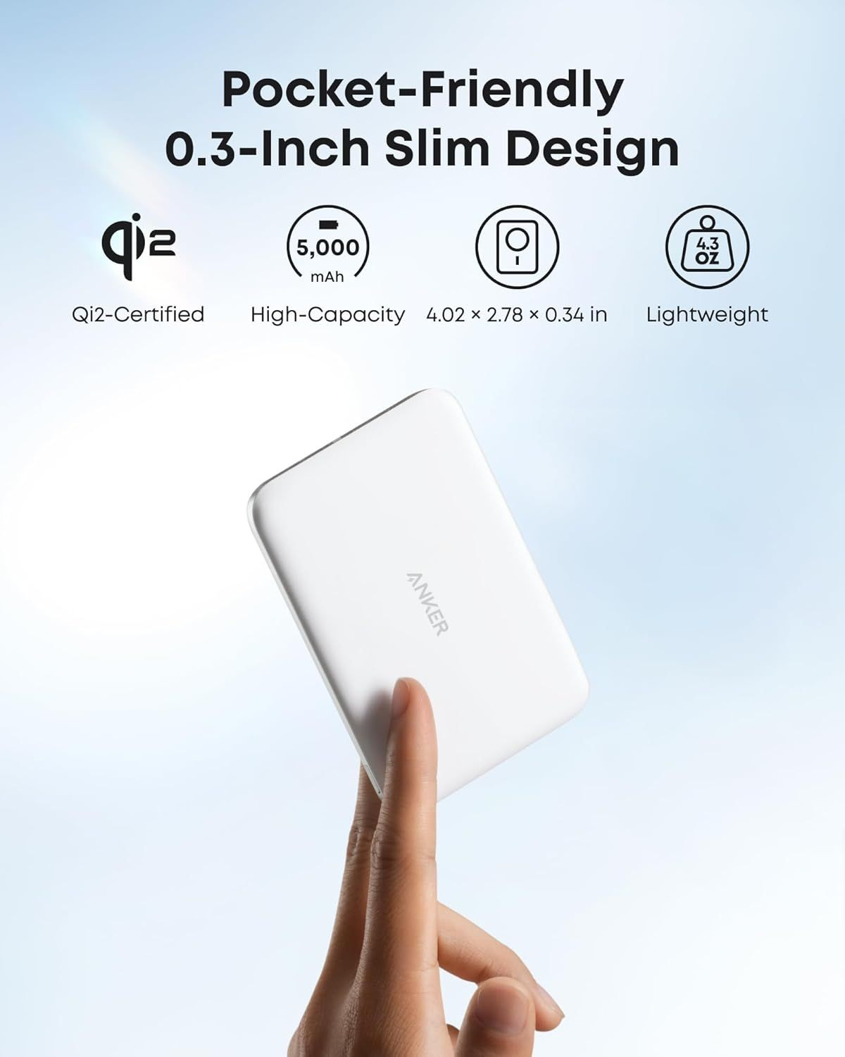 Εξωτερική Μπαταρία Ασύρματη Anker Nano, 5000mAh, 20W, PD + FQI, 1 x QI - 1 x USB-C, Λευκή A1665H21