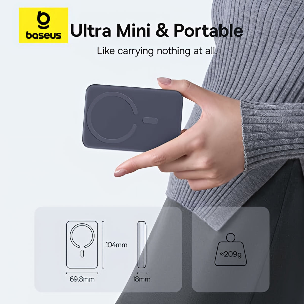 Εξωτερική Μπαταρία Ασύρματη Baseus EnerFill FM11 Ultra-Mini, 10000mAh, 22.5W, PD + FQI, 1 x QI - 1 x USB-C, Γκρι E0026602
