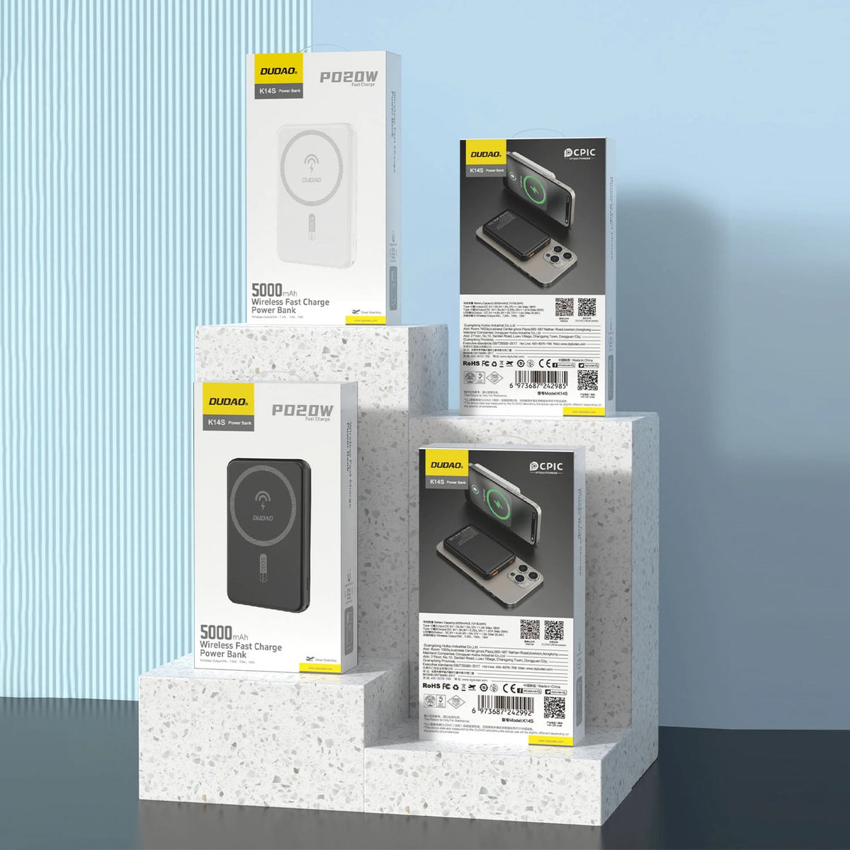 Ασύρματη Εξωτερική Μπαταρία Dudao K14S, 5000mAh, 20W, QC + PD + FQI, 1 x QI - 1 x USB-A - 1 x USB-C, Λευκό