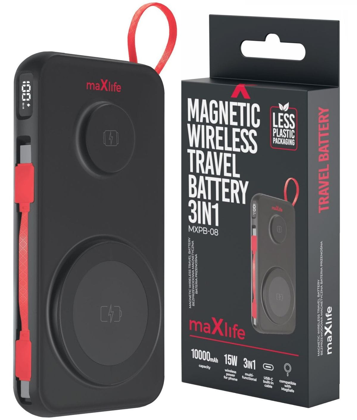Εξωτερική Μπαταρία Wireless MaXlife MXPB-08, 10000mAh, 22.5W, QC + PD + FQI + QI, 1 x USB-A - 1 x USB-C - 2 x QI, Μαύρη