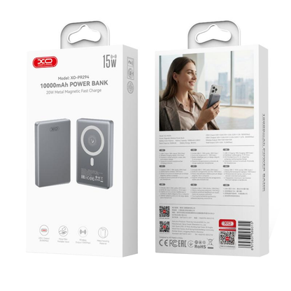 XO Design PR294 Wireless External Battery, 10000mAh, 20W, PD + FQI, 1 x QI - 1 x USB-C, Gray