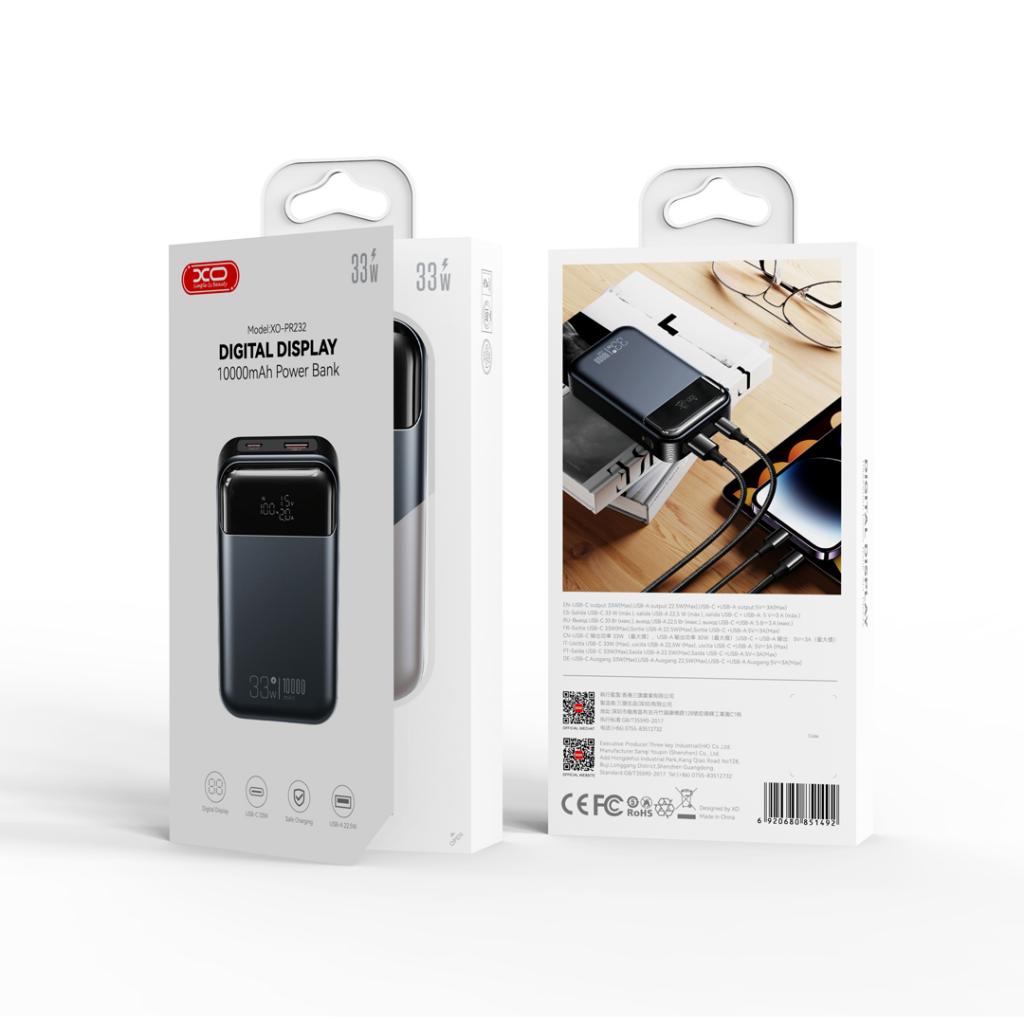 XO Design PR232 External Battery, 10000mAh, 33W, QC + PD, 1 x USB-A - 1 x USB-C, Black