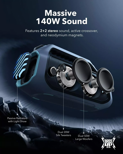 Anker SoundCore Boom 2 Plus New Version Portable Bluetooth Speaker, 140W, TWS, RGB, Waterproof, Blue A3134032