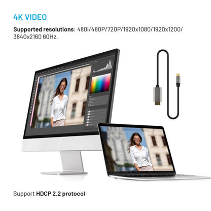 USB-C to HDMI Audio and Video Cable Fixed, 2m, Grey
