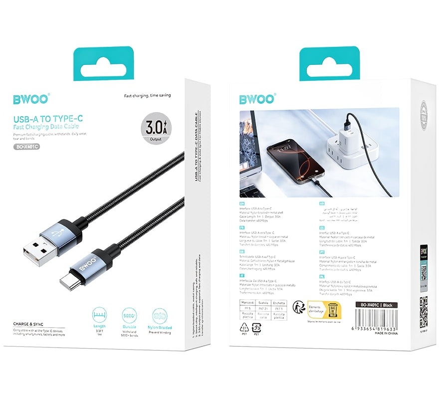 Καλώδιο Δεδομένων και Φόρτισης USB-A - USB-C BWOO BO-X401C, 18W, 1μ, Μαύρο