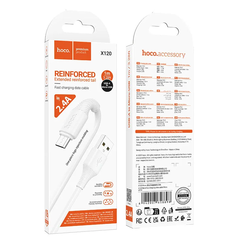 USB-A to microUSB Data and Charging Cable HOCO X120, 18W, 1m, White