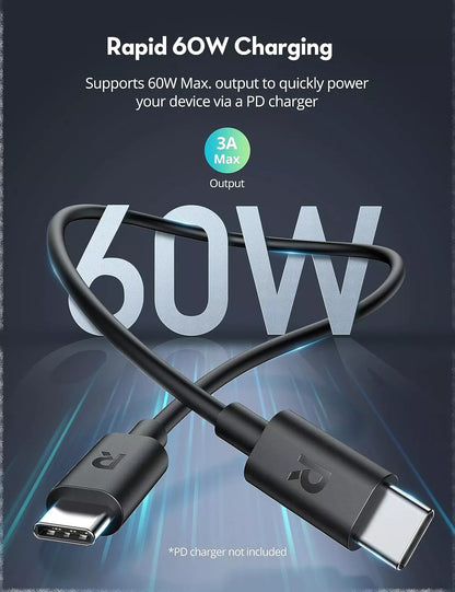 Καλώδιο Δεδομένων και Φόρτισης USB-C - USB-C RavPower RP-CB1022, 60W, 2μ, Μαύρο